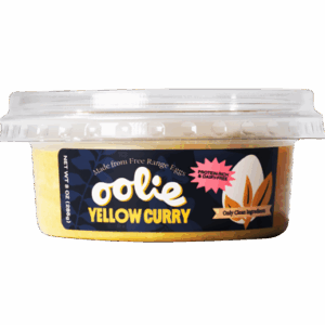 front of Oolie yellow curry dip in retail packaging