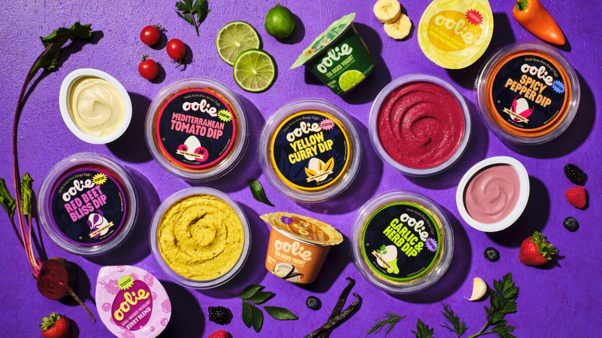 Dips y yogures Oolie repartidos junto con otras frutas y verduras