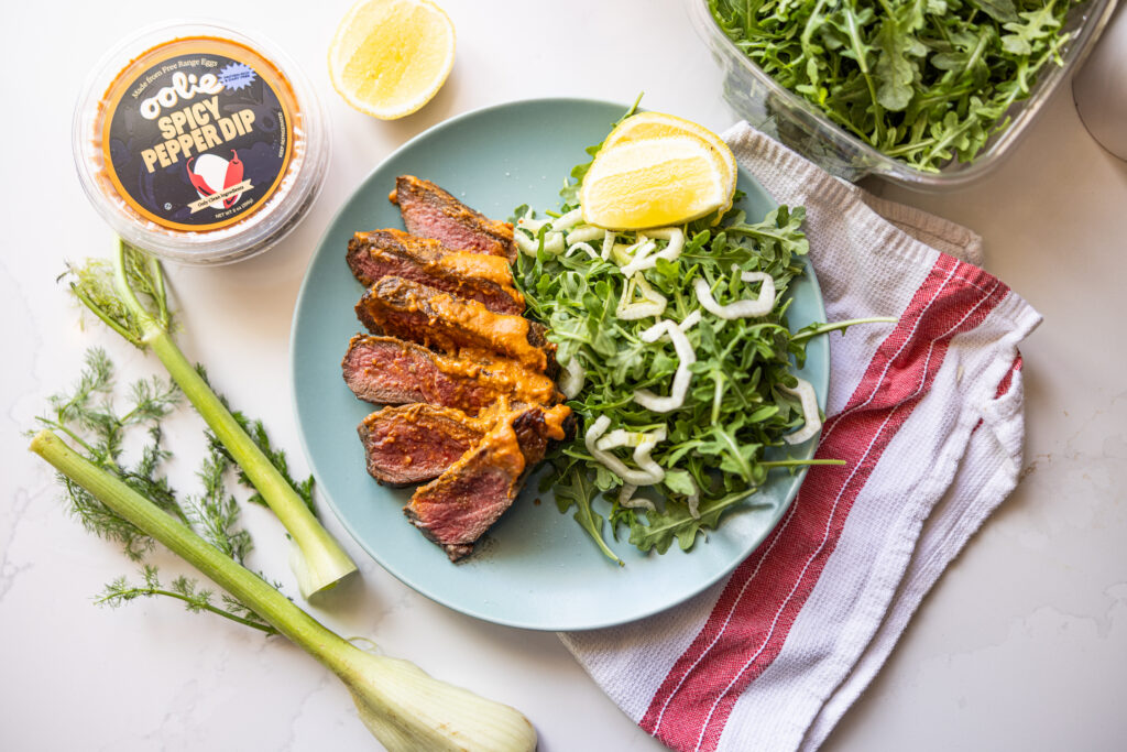 Spicy Red Pepper Grilled Steak with Lemon Arugula