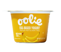Retail packaging of a cup of Banana Oolie High-protein and Dairy-Free Yogurt