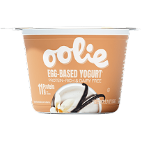 Retail packaging of a cup of Vanilla Oolie High-Protein Yogurt