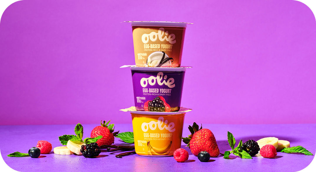 retail packaging of a stack of Oolie yogurt cups